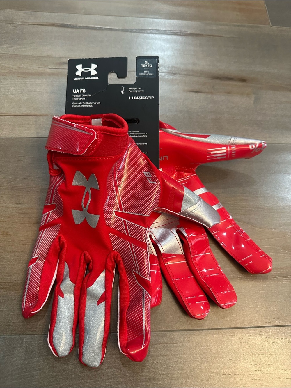 Under Armour Red and Silver F8 Football Gloves